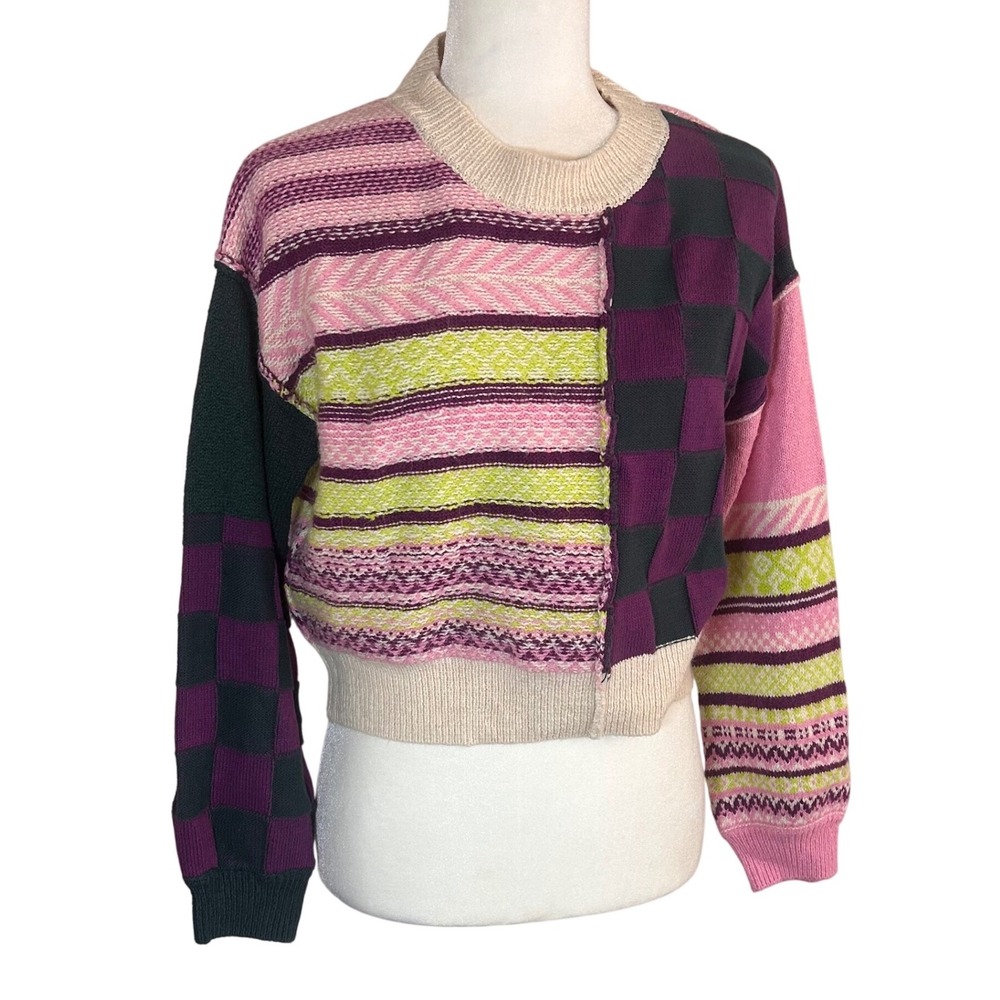 BP. Women Patchwork Mixed Pattern Cropped Sweater Pink Purple Green Small Artsy